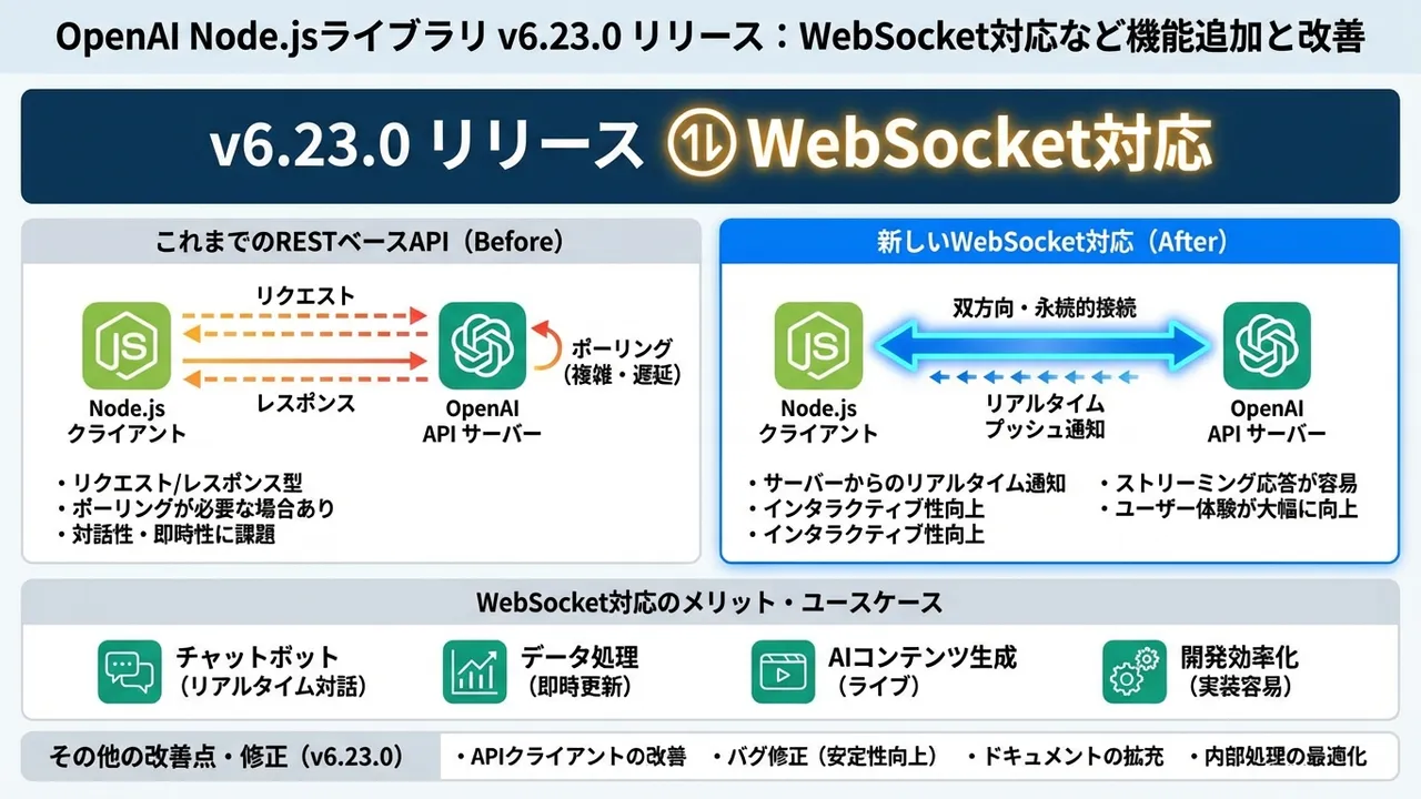 OpenAI Node.jsライブラリ v6.23.0 リリース：Websocket対応など機能追加と改善