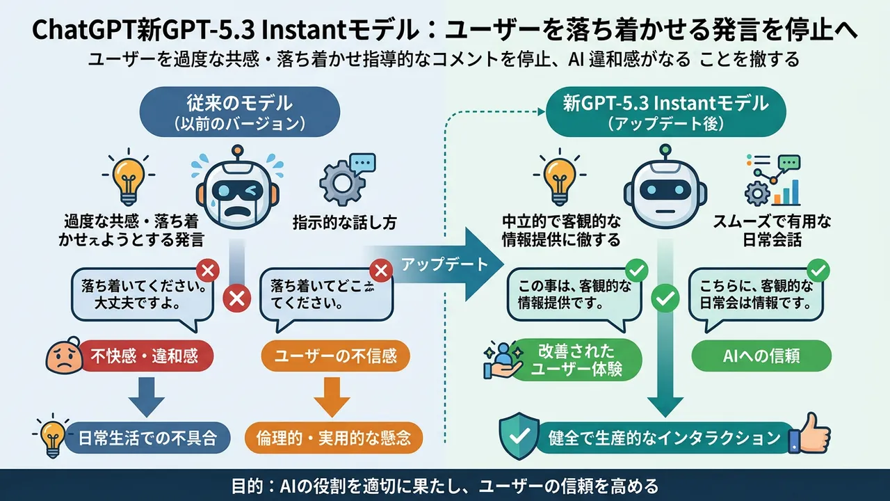 ChatGPTの新GPT-5.3 Instantモデルが「落ち着け」発言を停止、会話体験を改善