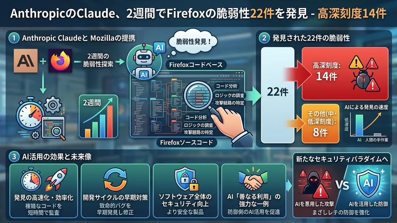 AnthropicのClaudeがFirefoxで22件の脆弱性を発見、AIセキュリティ評価の可能性を示す