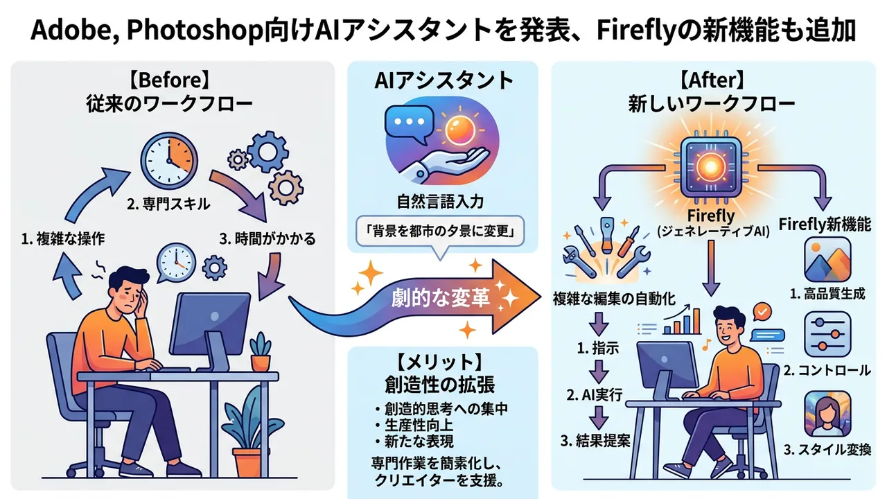 Adobe Photoshop向けAIアシスタント発表、Firefly新機能も