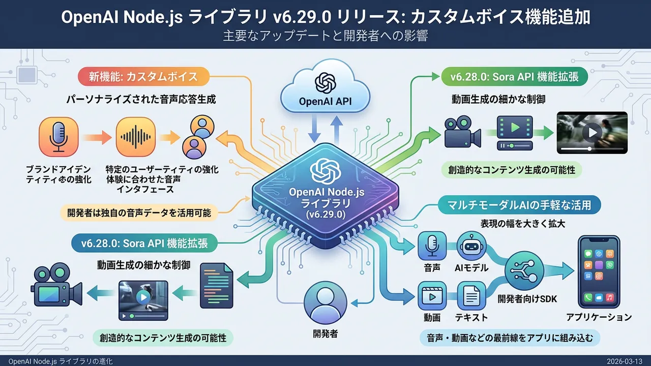 OpenAI Node.jsライブラリ、カスタムボイスとSora API拡張で多機能化