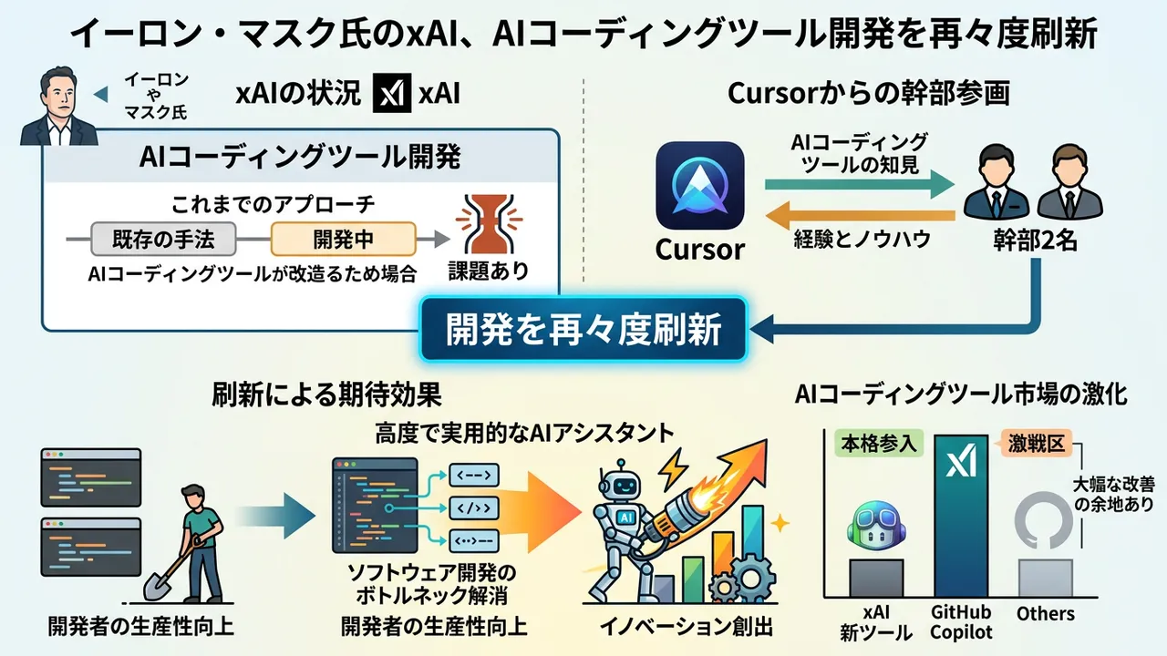 イーロン・マスクのxAIがAIコーディングツールを再々度刷新、Cursor幹部が参画