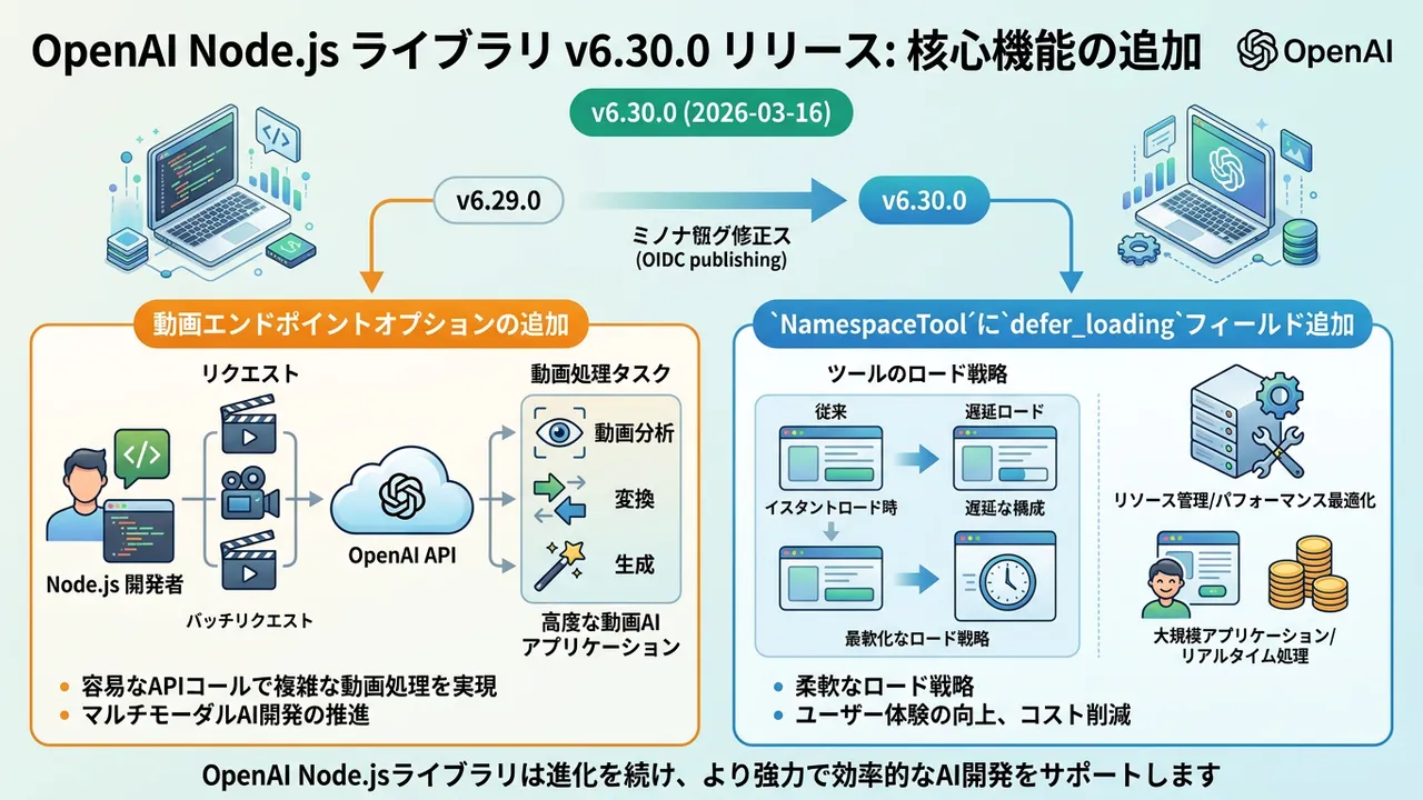OpenAI Node.jsライブラリ v6.30.0で動画エンドポイントオプションが追加され、API機能が拡充