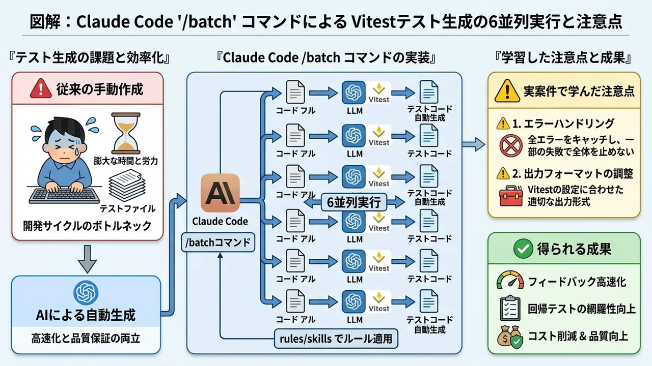 Claude Codeの/batchコマンドでVitestテスト生成を6並列実行し、学習した注意点を解説