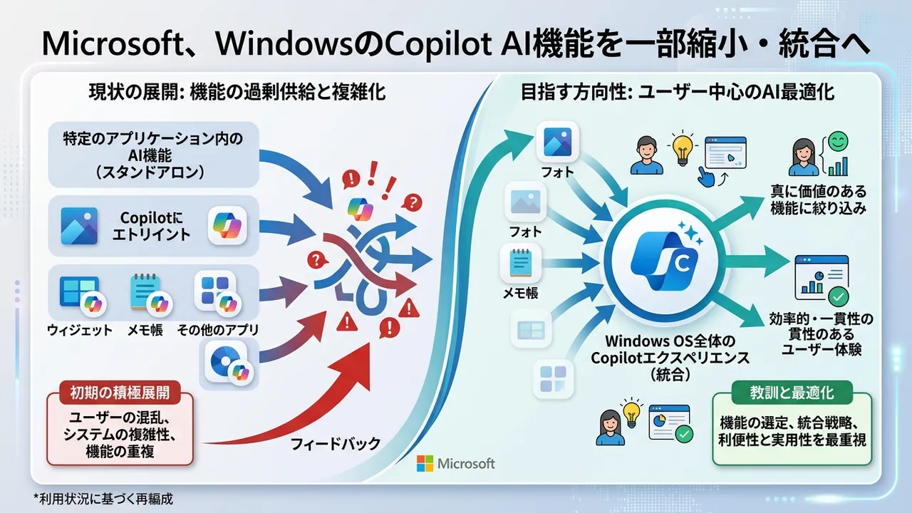 Microsoft、WindowsのCopilot AI機能を一部縮小・統合へ