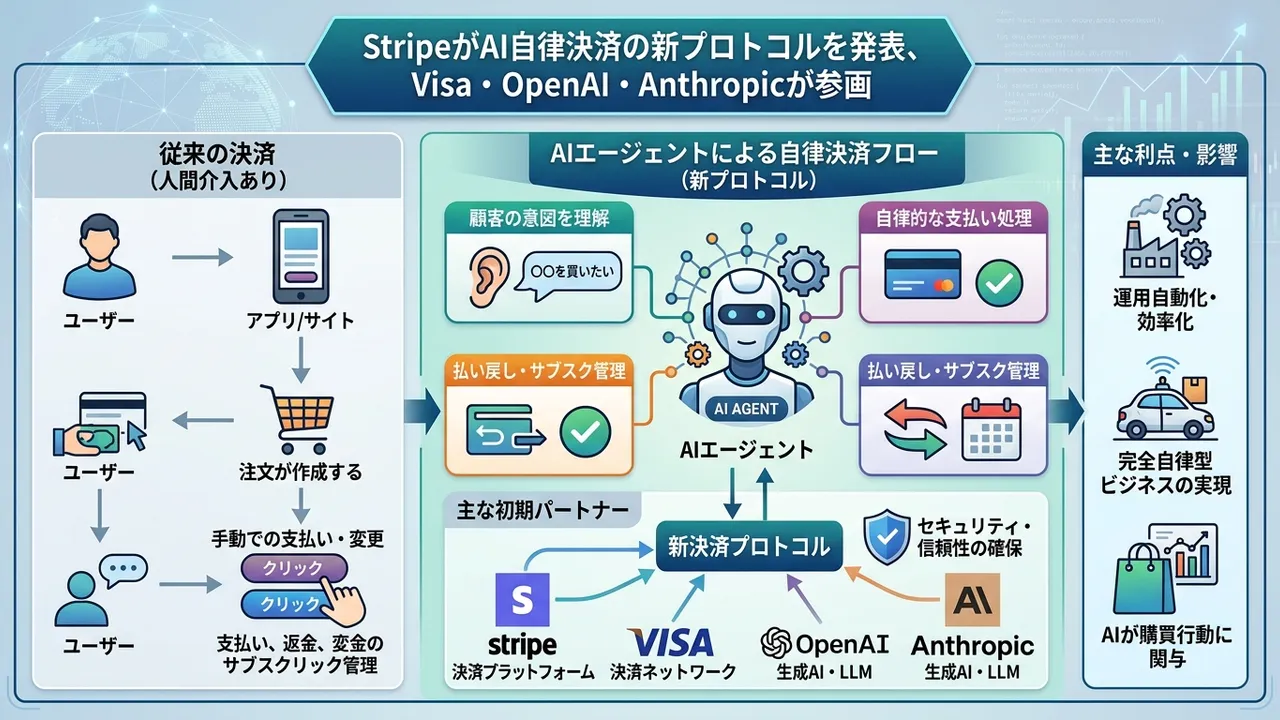 StripeがAI自律決済の新プロトコルを発表、Visa・OpenAI・Anthropicが参画
