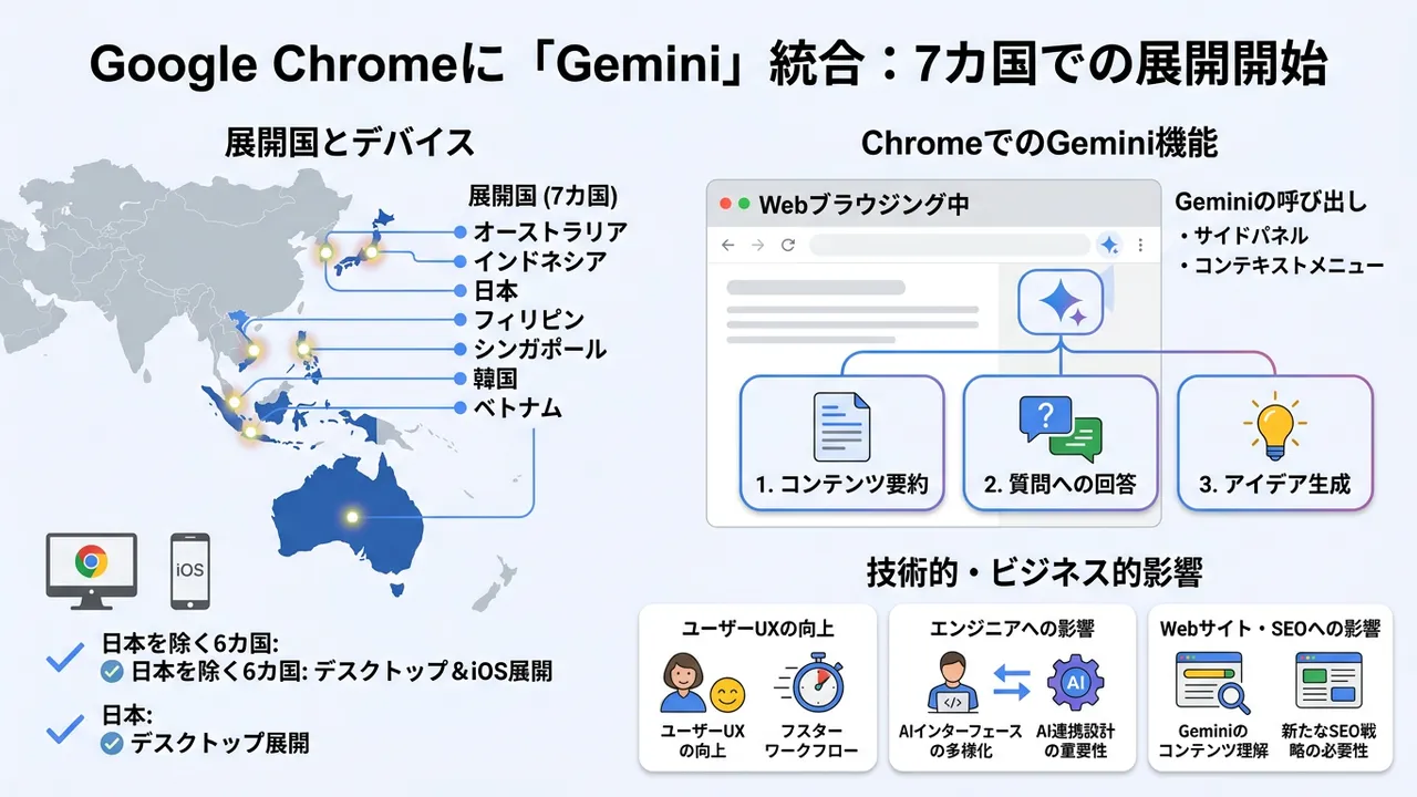 Google ChromeでGeminiが7カ国に展開拡大