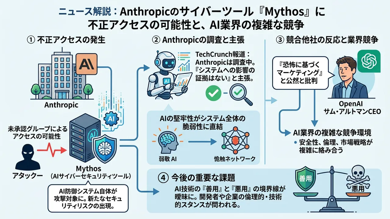 Anthropicのサイバーツール「Mythos」に不正アクセス疑惑、OpenAIが批判しAIセキュリティと競争の複雑化が顕在化