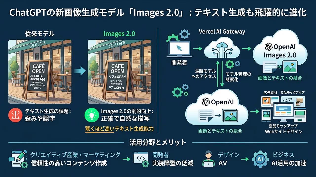 ChatGPTの新画像生成モデル「Images 2.0」がテキスト生成能力を飛躍的に向上させ、Vercel AI Gatewayで利用可能に