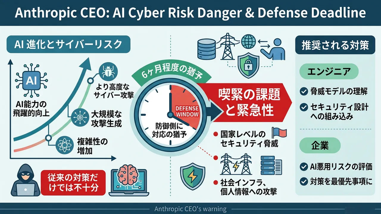 Anthropic CEO、AIサイバーリスクの深刻化と防御側の短期間での対応の必要性を警告