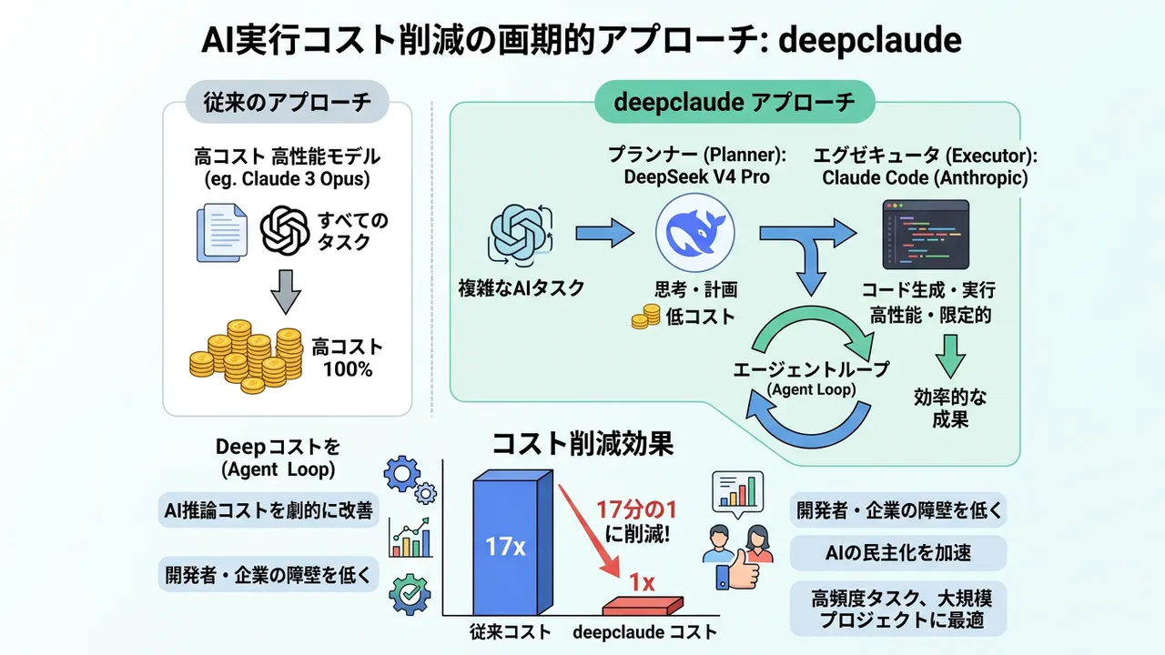 DeepSeek V4 ProとClaude CodeエージェントループによるAI実行コスト削減