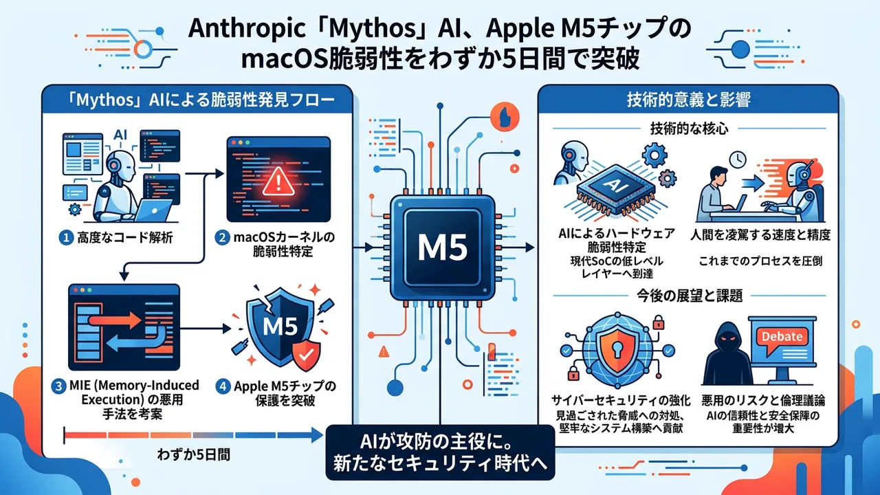 AnthropicのAI「Mythos」、macOSの脆弱性を発見 - Apple M5チップのMIEを5日で突破
