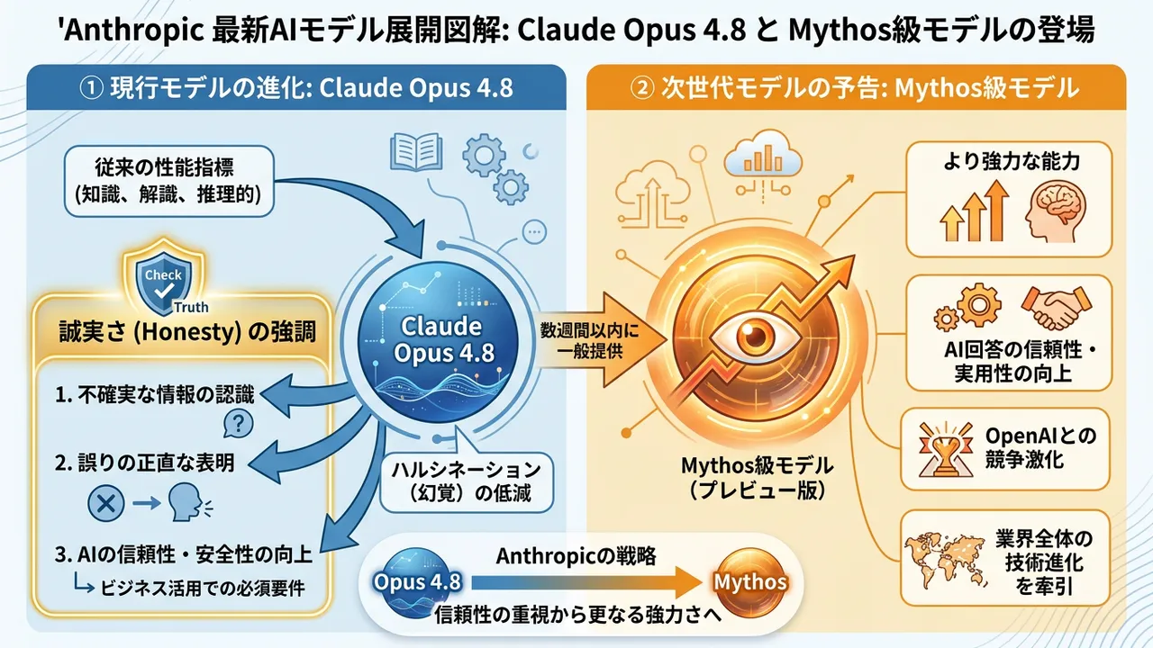 Anthropicが「Claude Opus 4.8」を発表、AIの「誠実さ」を強調し「Mythos級モデル」を予告