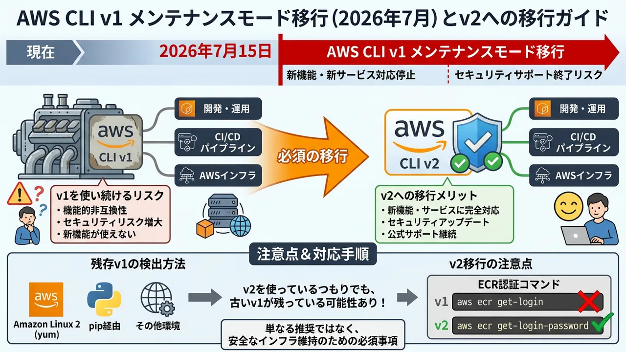 【要対応】AWS CLI v1が2026年7月にメンテナンスモードへ移行、v2への完全移行が必須に