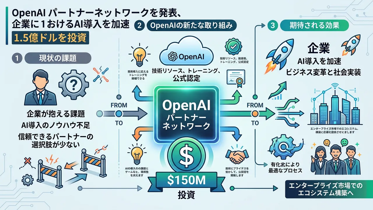 OpenAIがパートナーネットワーク発表、企業向けAI導入を1.5億ドルで加速