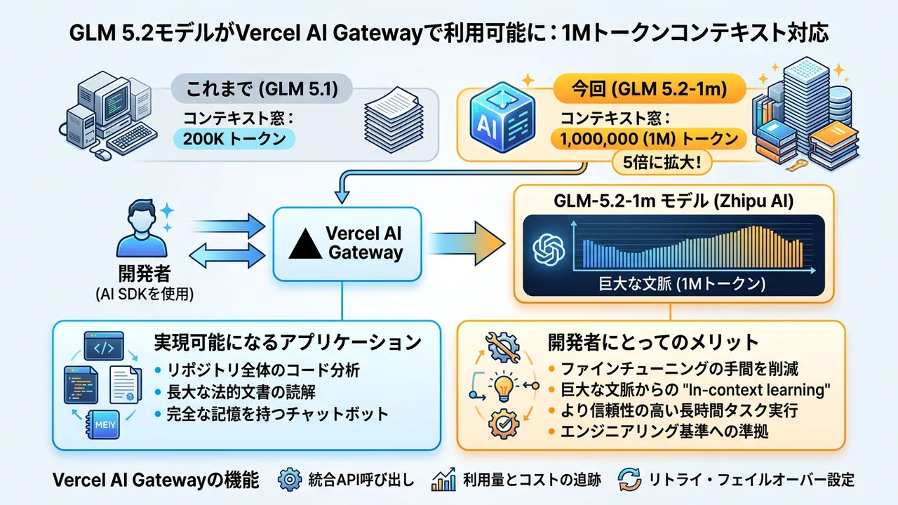 開発者必見：Vercel、AI Gatewayで100万トークンコンテキストのGLM 5.2モデルをサポート