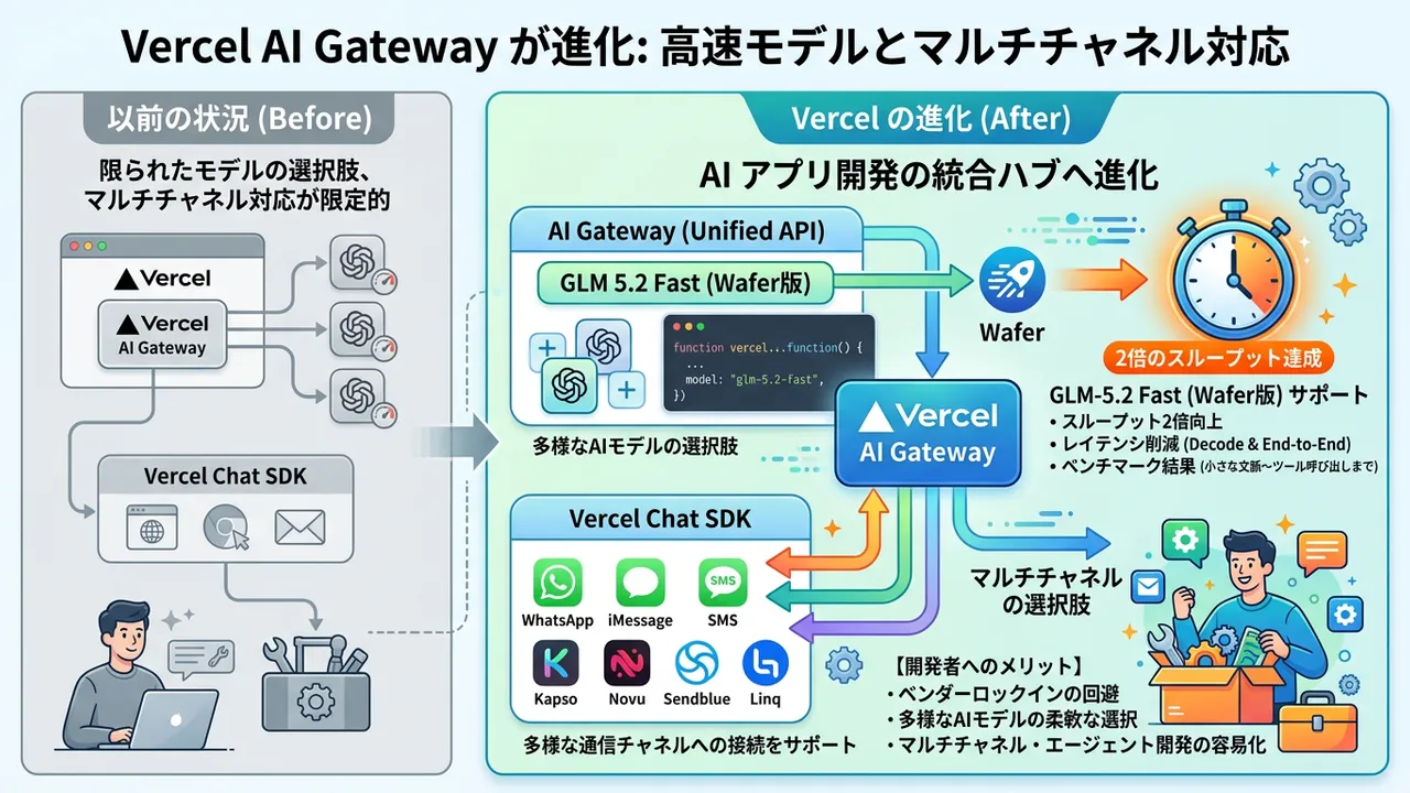 VercelがAIエコシステムを急拡大：中国製LLM「GLM-5.2」対応とChat SDK強化