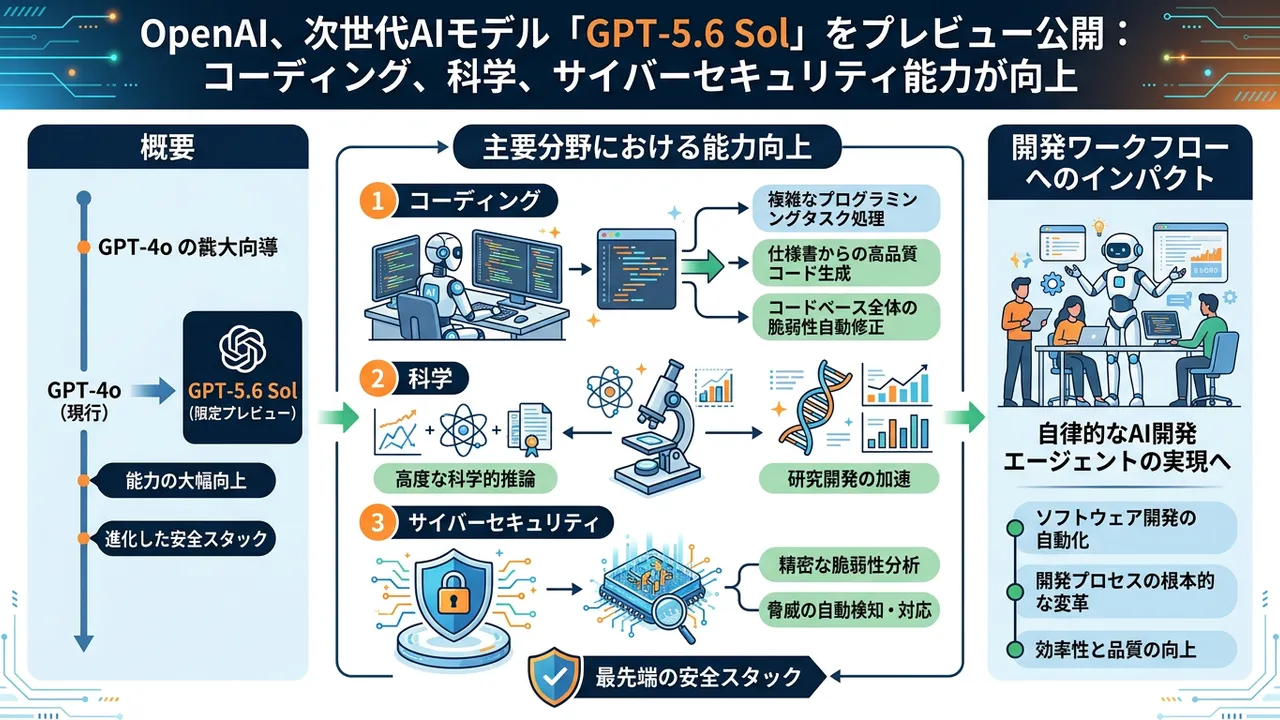 OpenAI、次世代モデル「GPT-5.6 Sol」プレビュー公開！コーディング能力が大幅向上か