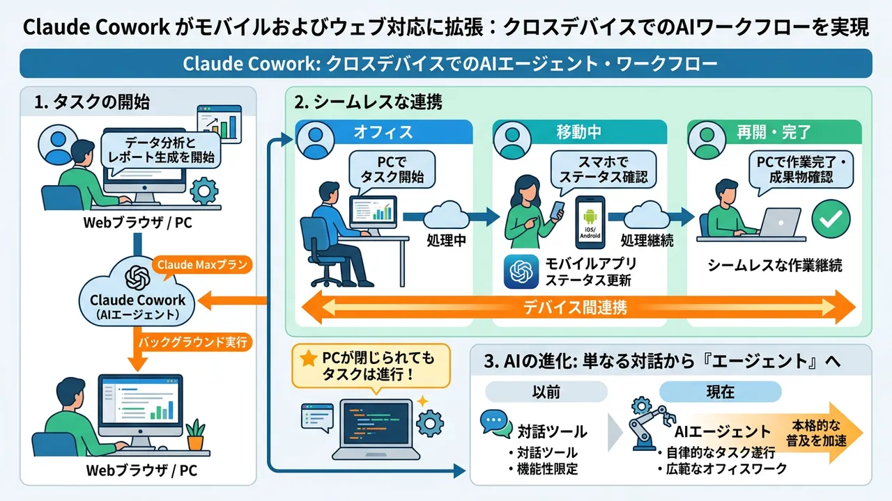 Anthropic「Claude Cowork」がWeb/モバイル対応、AIエージェントの本格普及へ