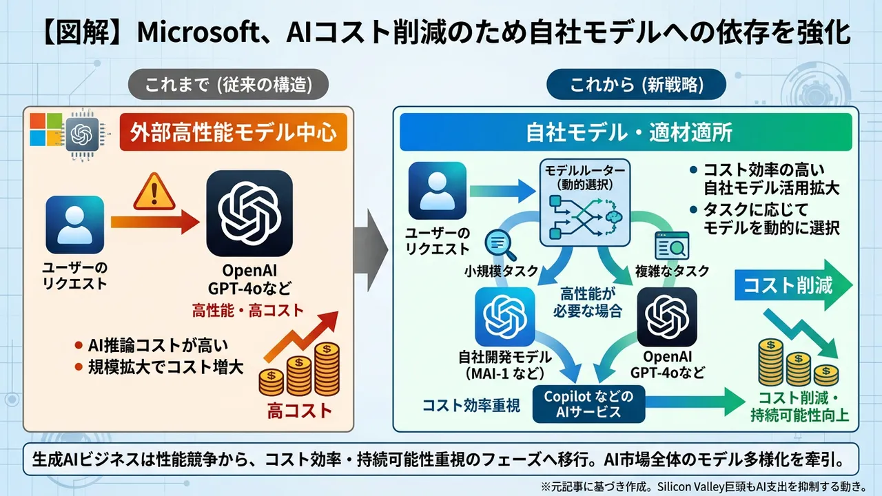 MicrosoftがAIコスト削減へ舵、自社モデルへの依存強化
