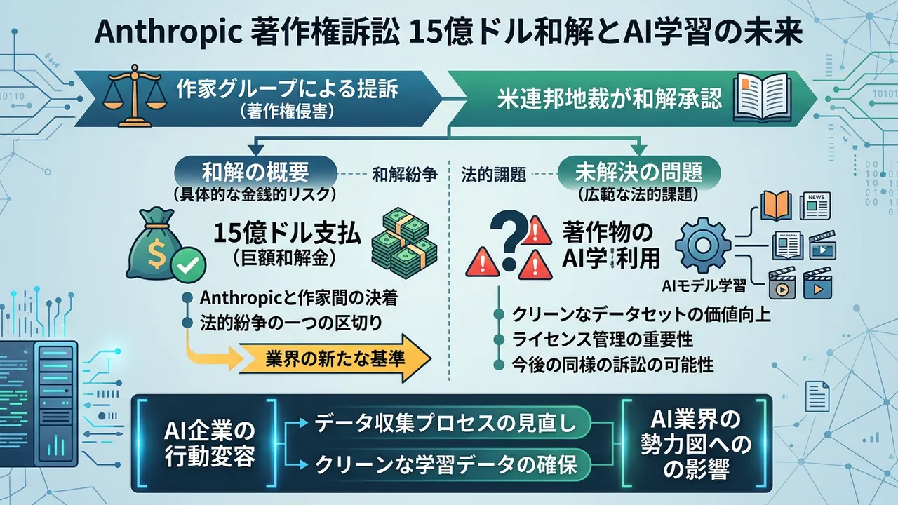 Anthropicの著作権訴訟、15億ドルで和解成立 - AI学習データの法的課題が新局面へ