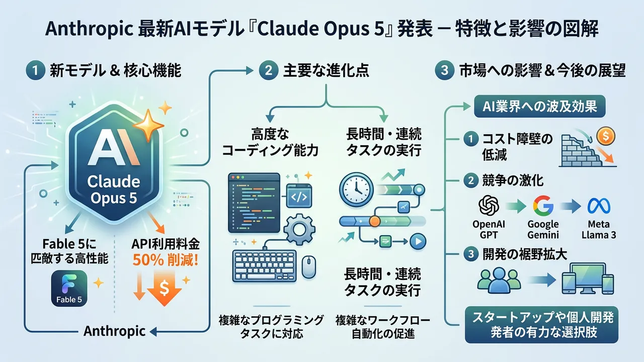 Anthropicが新モデル「Claude Opus 5」発表、性能は維持しつつAPIコストを半減