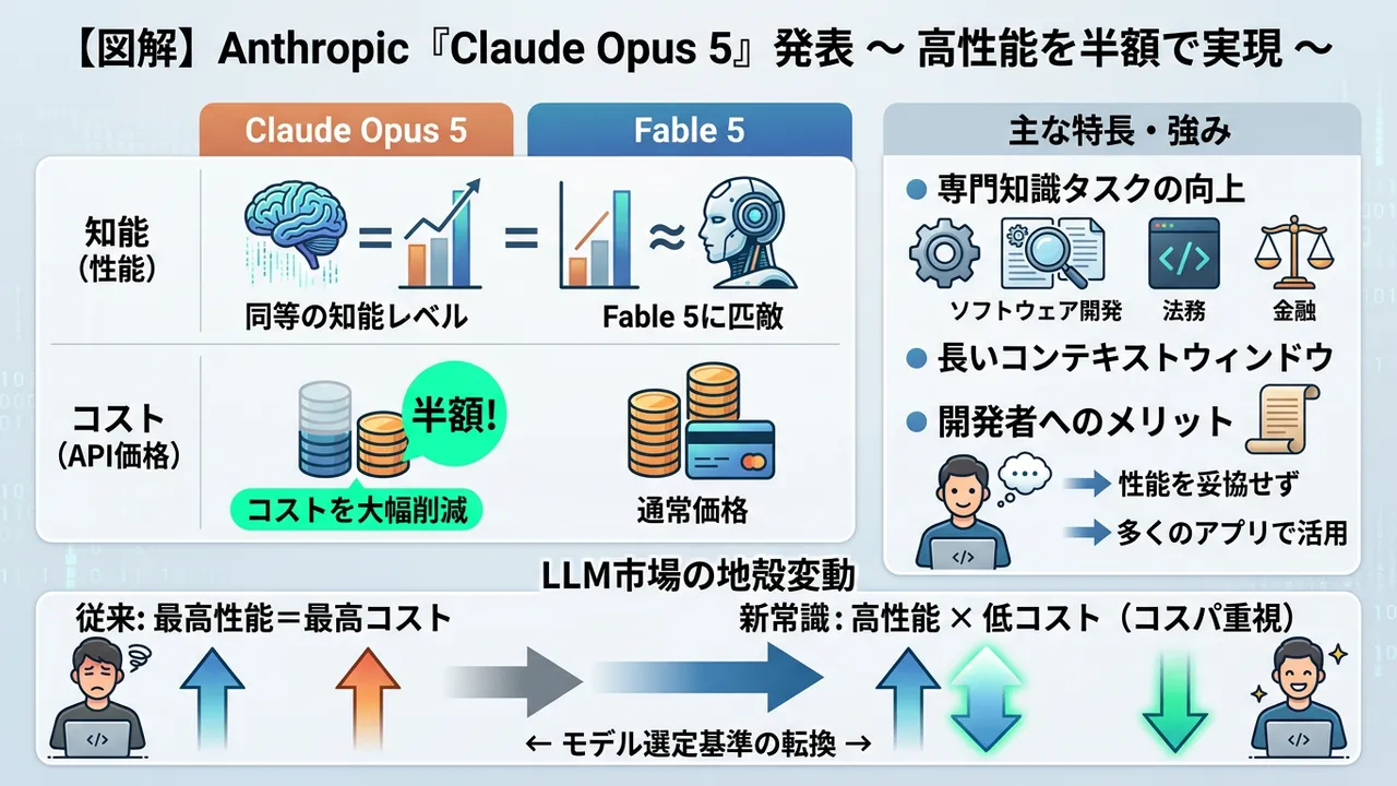 Anthropic、新モデル「Claude Opus 5」を発表 - 競合レベルの性能を半額で提供