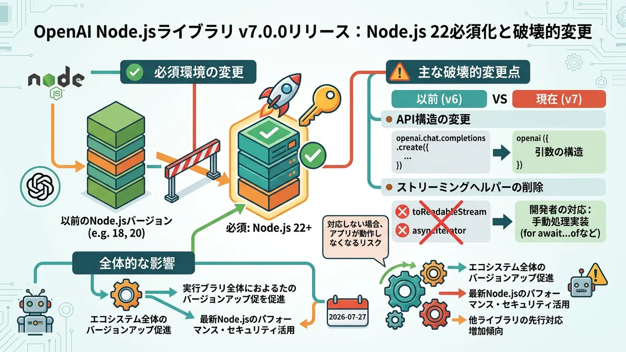 OpenAI Node.jsライブラリ v7.0.0リリース：Node.js 22必須化と多数の破壊的変更