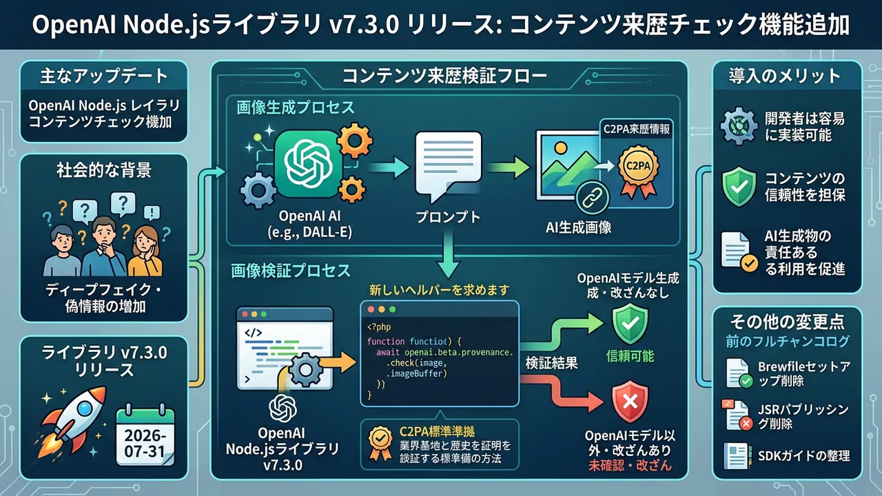 AI生成コンテンツの信頼性向上へ：OpenAI Node.jsライブラリ v7.3.0で「コンテンツ来歴」チェック機能が追加