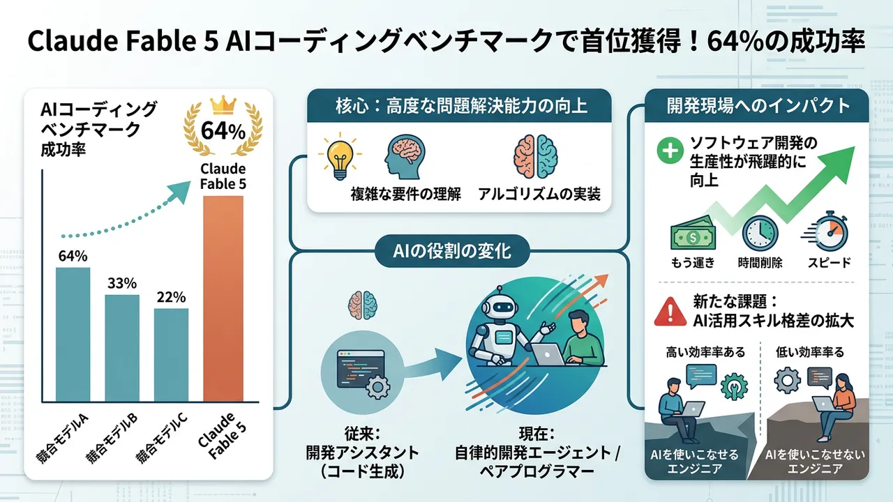 新モデル「Claude Fable 5」がコーディングベンチマークで首位獲得、AI開発の新たな基準に