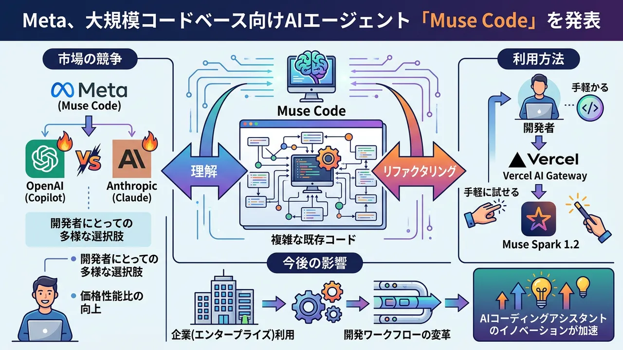 MetaのAIコーディングエージェント「Muse Code」登場、開発者ツール競争が新時代へ