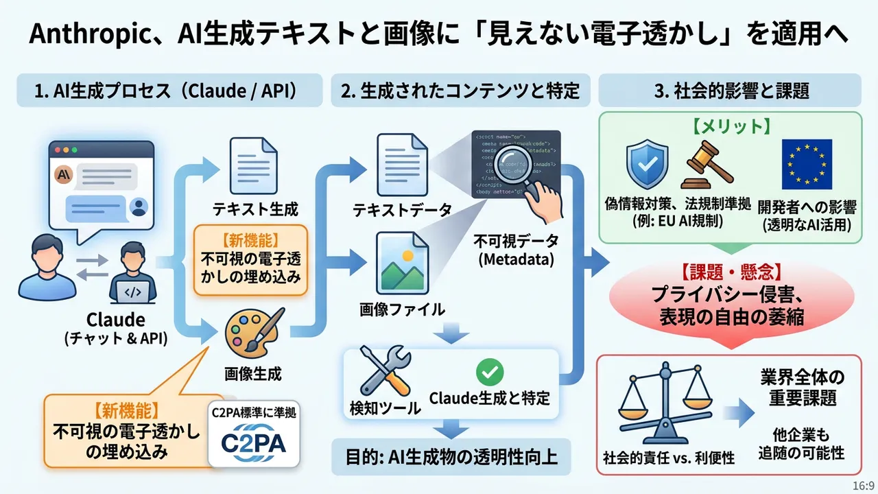 Anthropic、Claudeに「見えない電子透かし」を導入へ。AI生成コンテンツの透明性と利用者の懸念