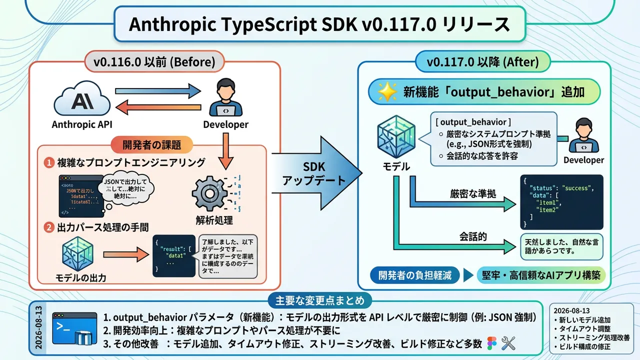Anthropic TypeScript SDKがv0.117.0に更新、新機能「output_behavior」で出力制御が容易に