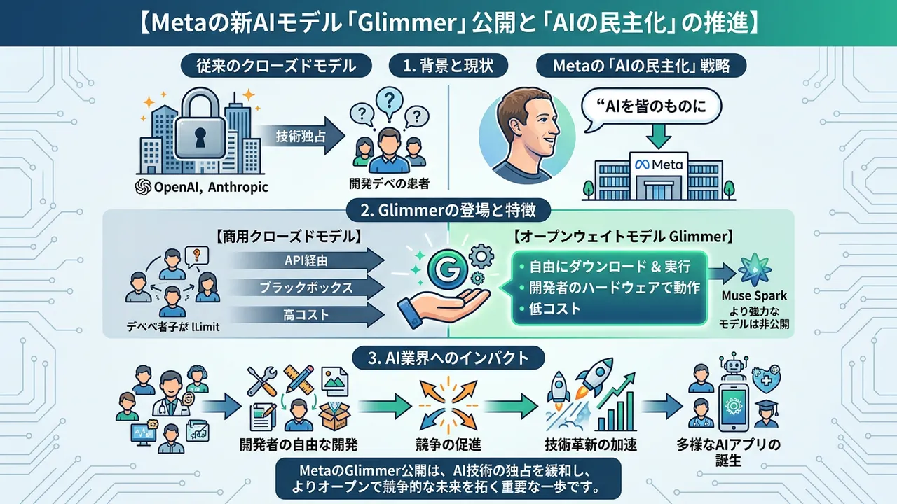 Metaの新オープンモデル「Glimmer」登場、AI民主化を加速