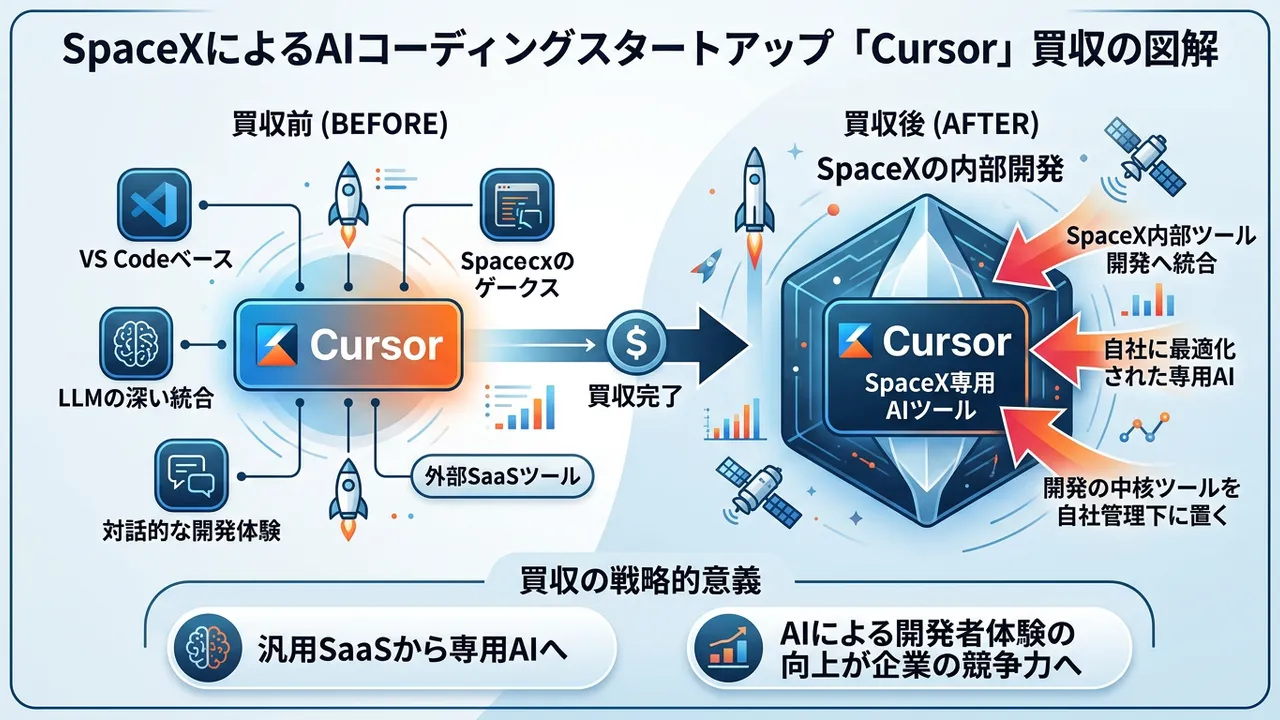 SpaceX、AIコーディングアシスタント「Cursor」の買収を完了：開発者ツールの新時代へ