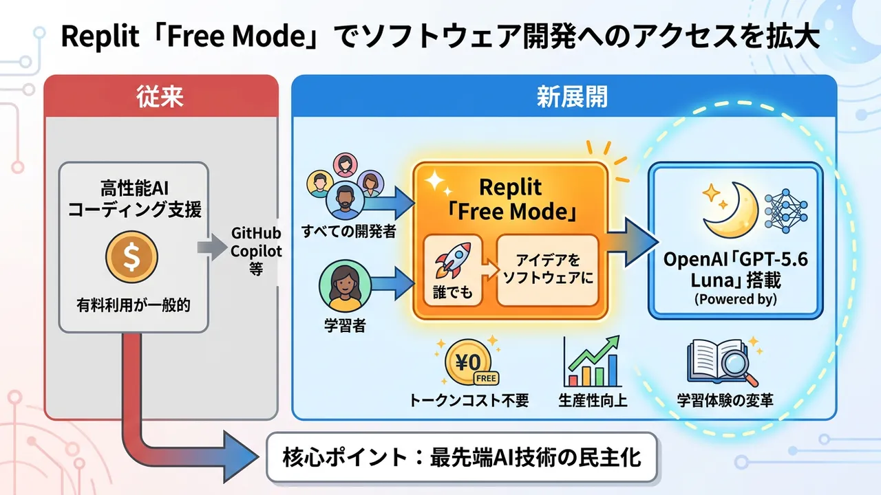 開発環境の革命：ReplitがGPT-5.6 Luna搭載の「Free Mode」を発表