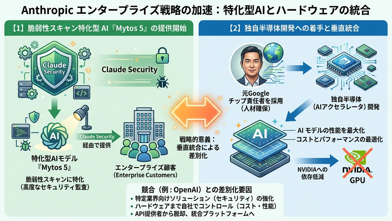 Anthropic、セキュリティ機能「Mytos 5」開放と独自半導体開発でエンタープライズ戦略を加速