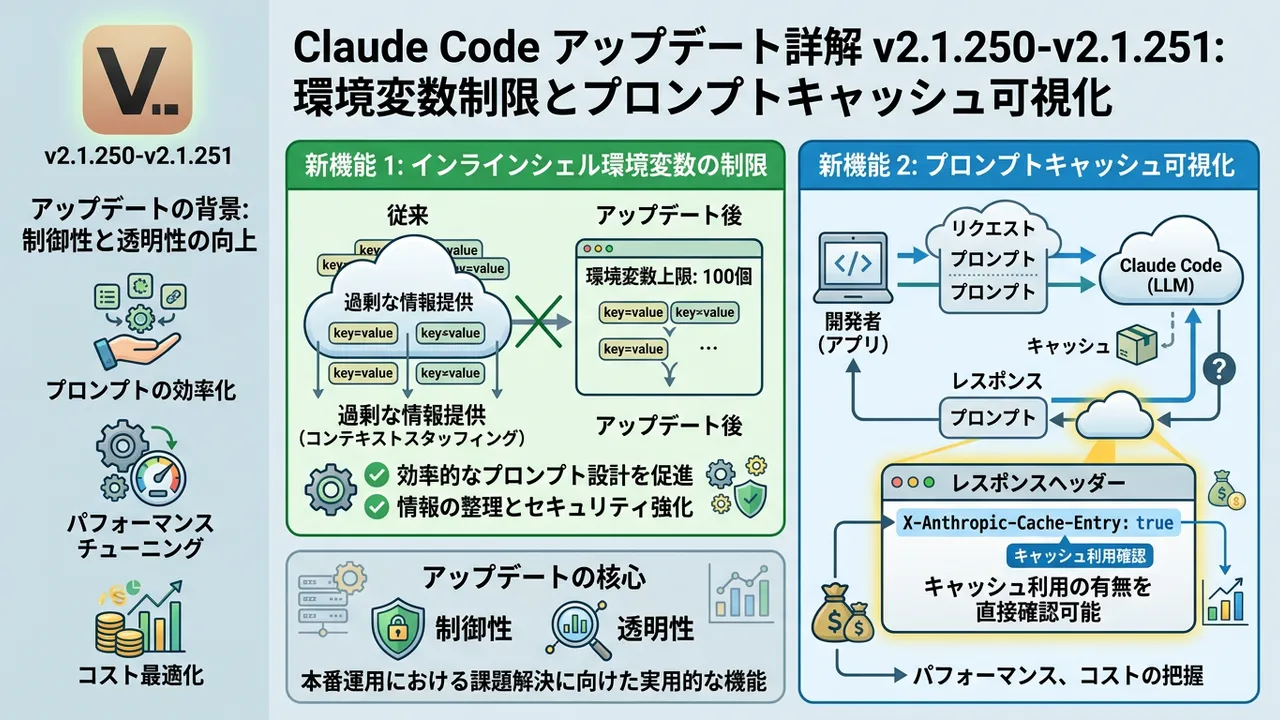 Claude Code v2.1.251 アップデート: 開発効率を左右する環境変数制限とキャッシュ可視化