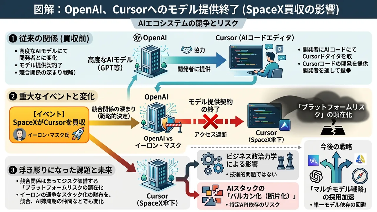 OpenAI、SpaceX買収後のCursorへのモデル提供を終了 - AIエコシステムの地殻変動か