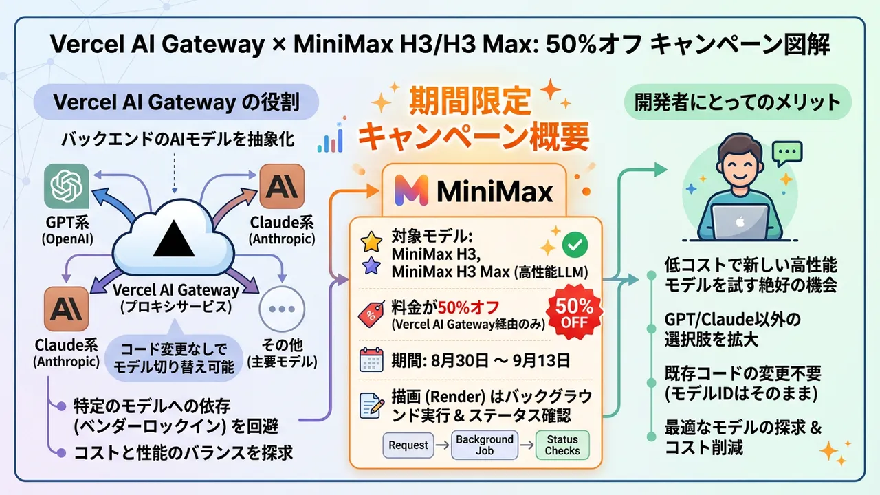 コスト削減の好機：Vercel AI GatewayでMiniMaxモデルが50%オフ
