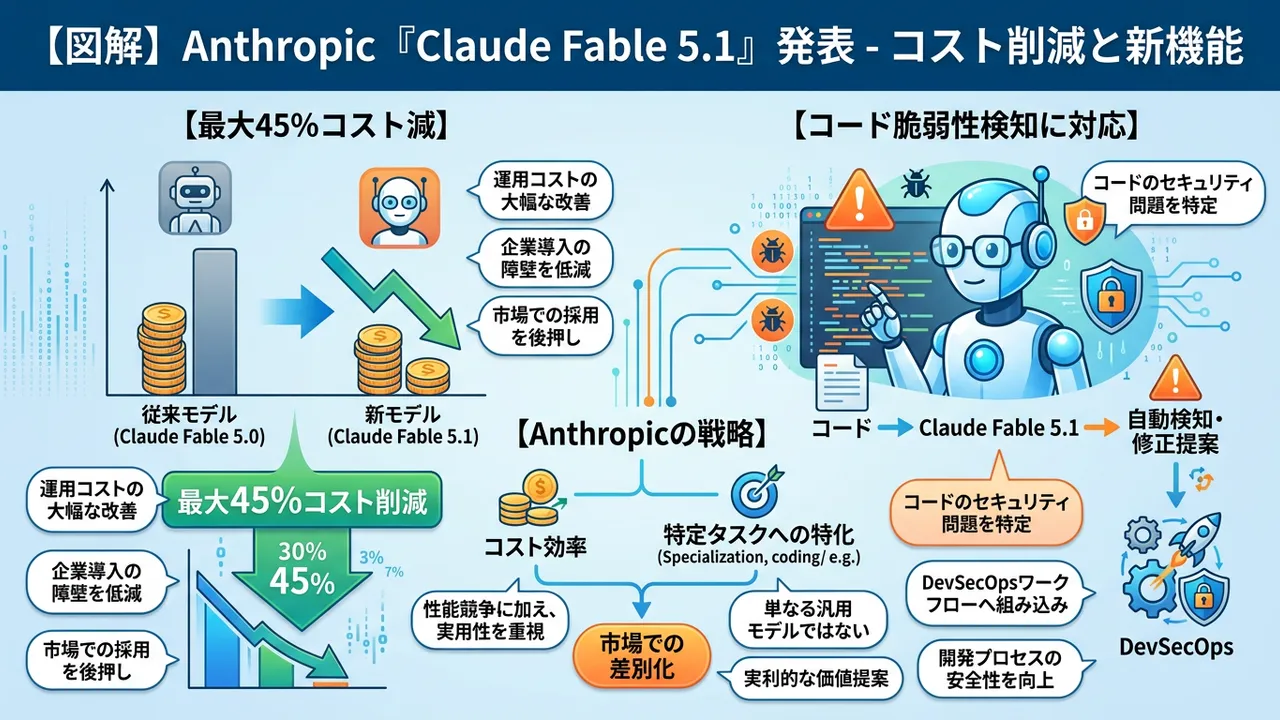 Anthropicが「Claude Fable 5.1」を発表、最大45%のコスト削減と脆弱性検知機能で差別化